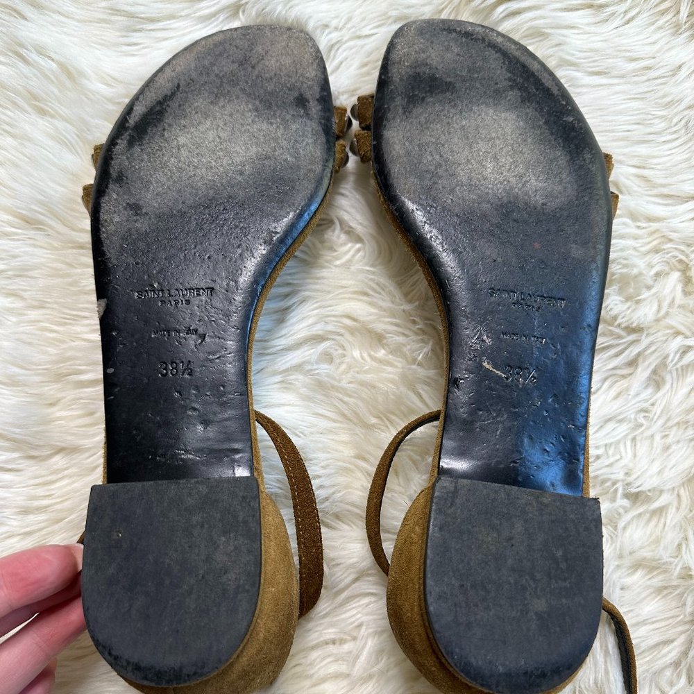 Saint Laurent Tan Studded Suede Ankle-Strap Flat Sandal Women's 38.5 - Picture 7 of 8